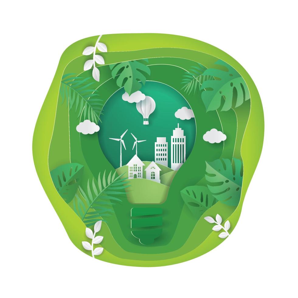 tecnología ecológica verde con ilustración de estilo papercut vector