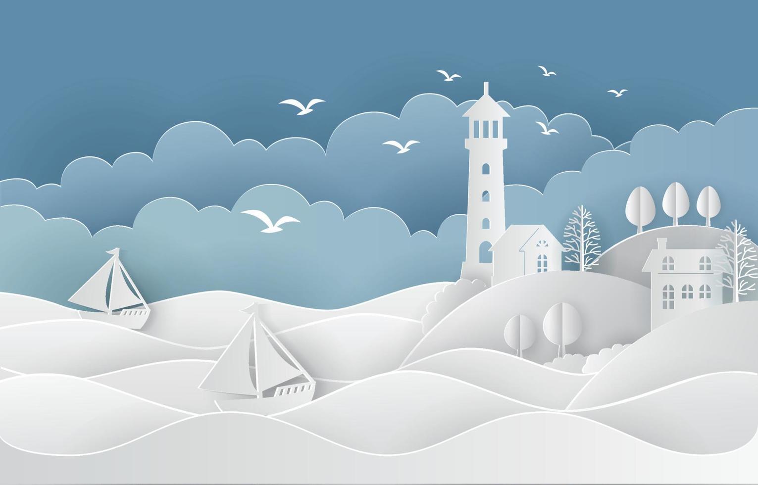 Sea Scenery Background with Papercut Style vector