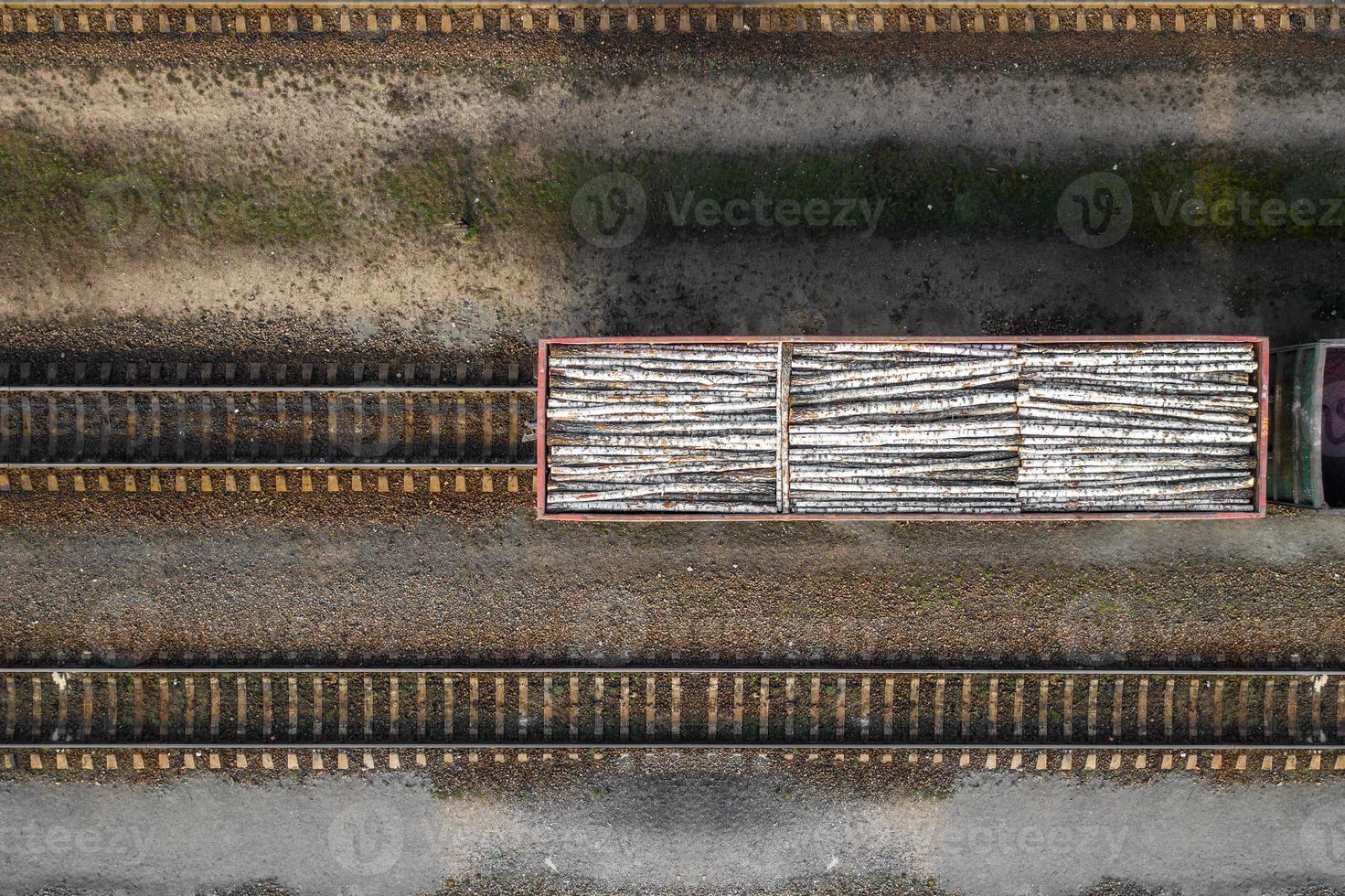 railway car loaded with logs top view from a drone photo