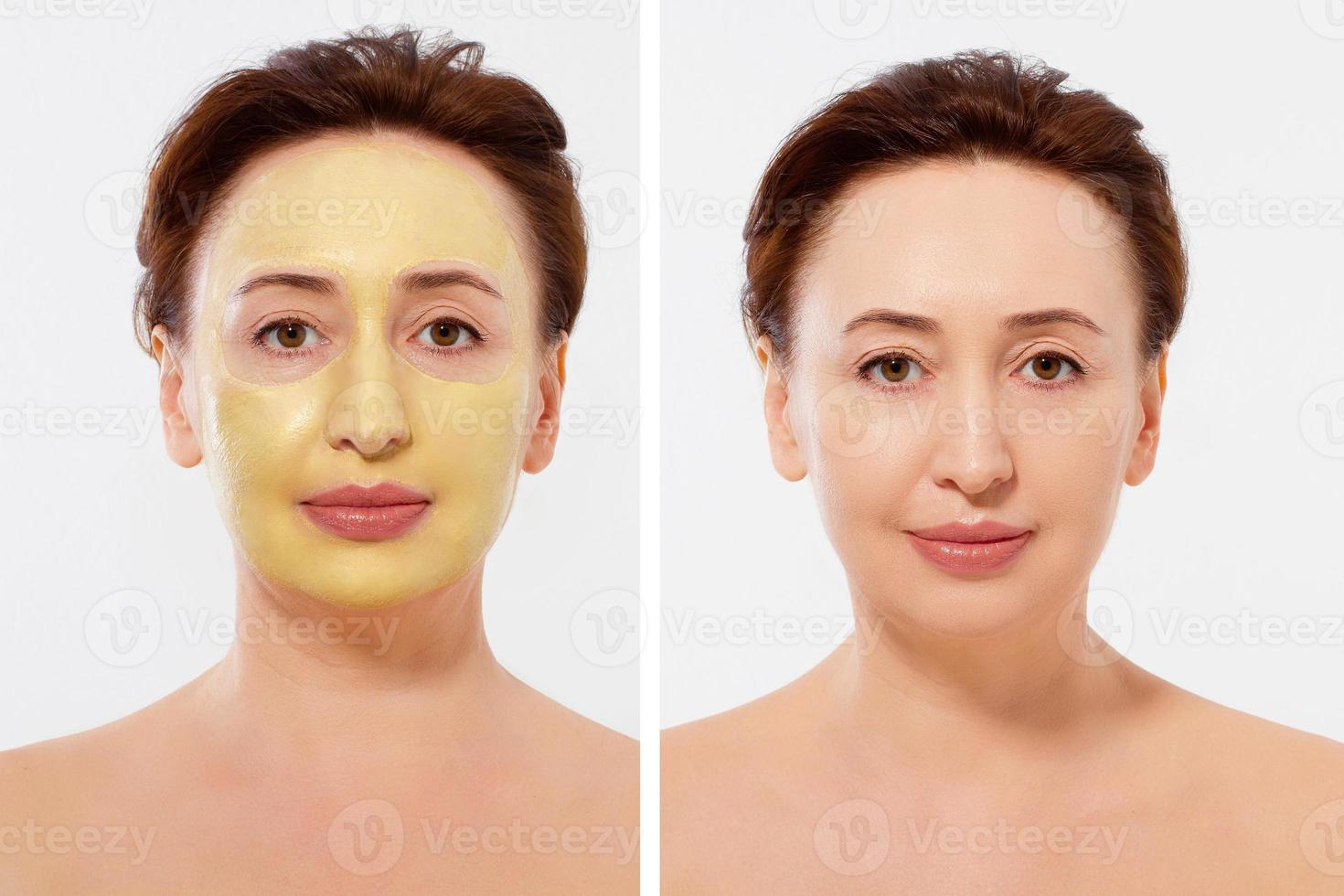 Middle age closeup woman face before after beauty mask treatment. Before-after wrinkled skin. Summer anti aging collagen mask on woman wrinkle face isolated. Mid aged facial skincare. Menopause period photo