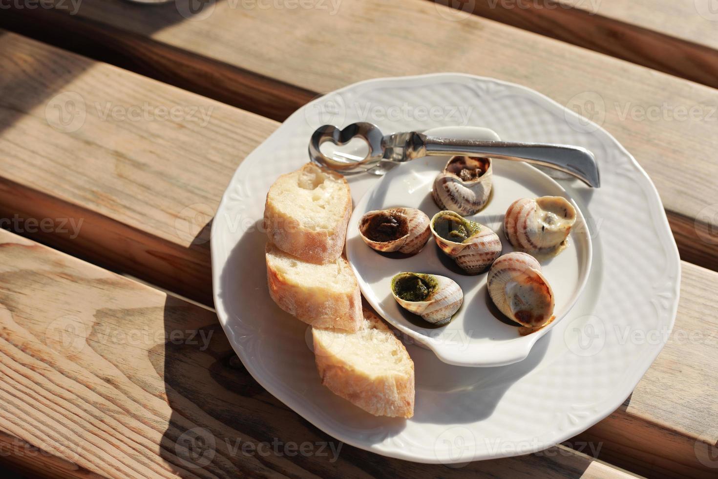 dish with the snail shells, served on a white classic plate, with various sauces, pesto, truffle, cheese, pieces of French baguette, fork for a shell, wooden table in outdoor cafe photo