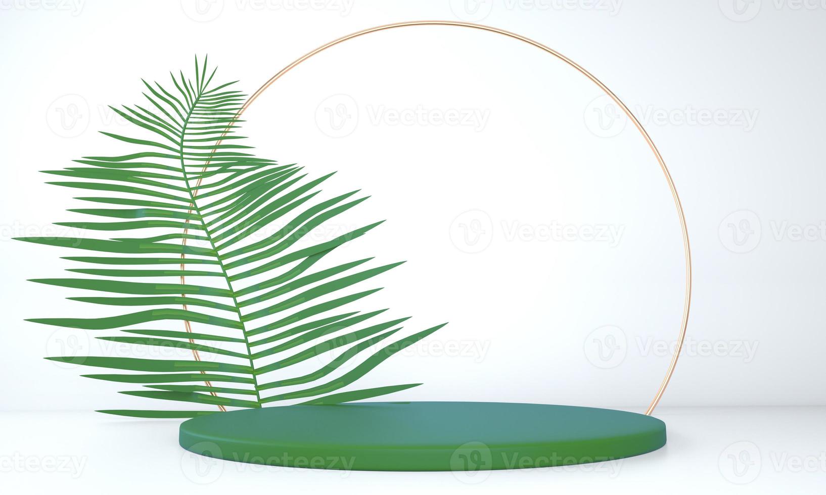 Product display podium decorated with leaves on pastel background, 3d illustration photo