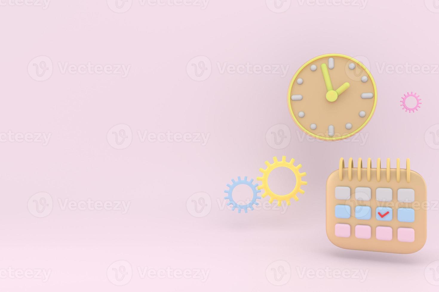 3D Rendering of Agenda element icons calendar and clock with copy space on background concept of time management. 3D render illustration cartoon style. photo