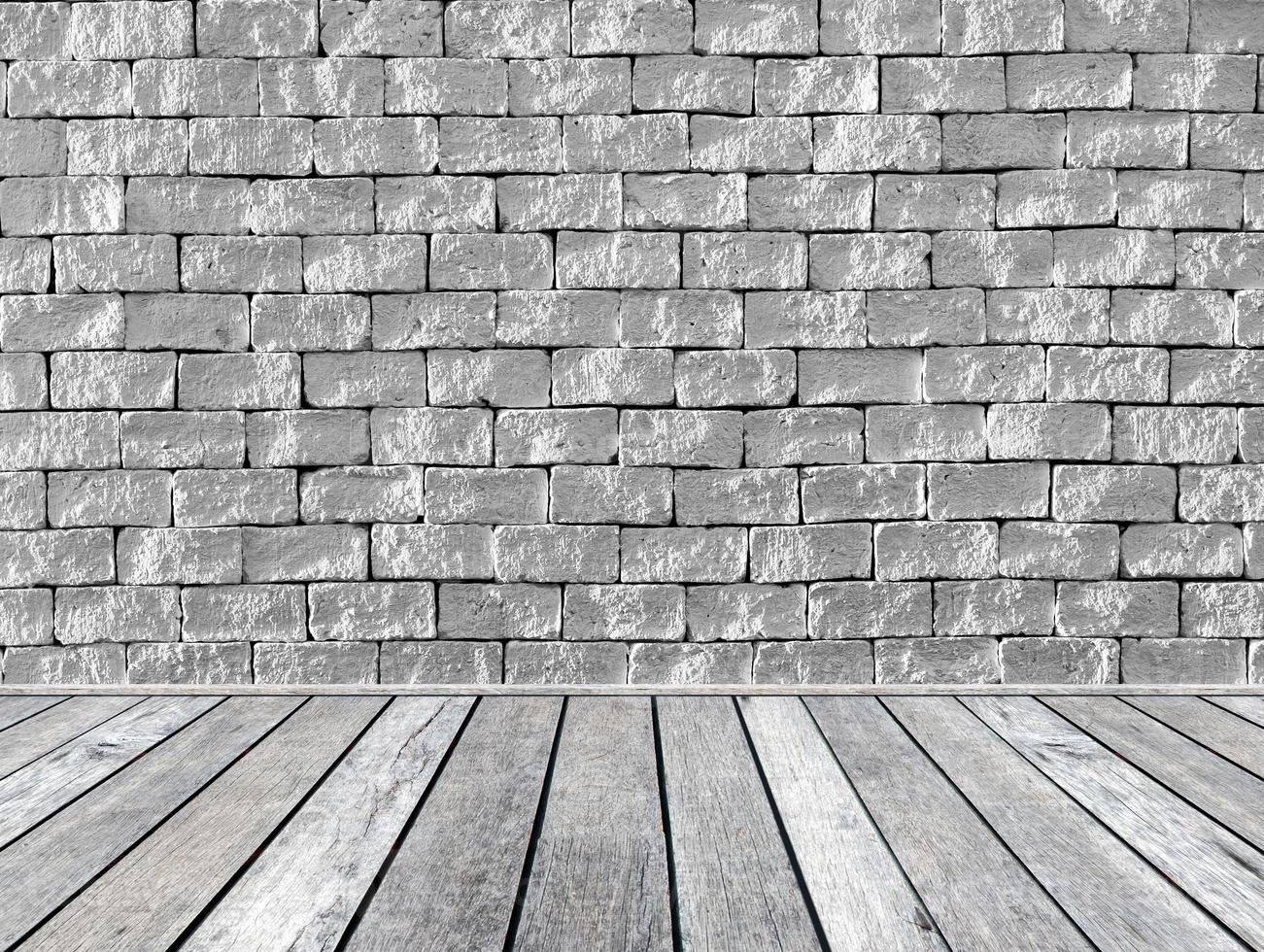 Wood plank gray on brick grey wall photo