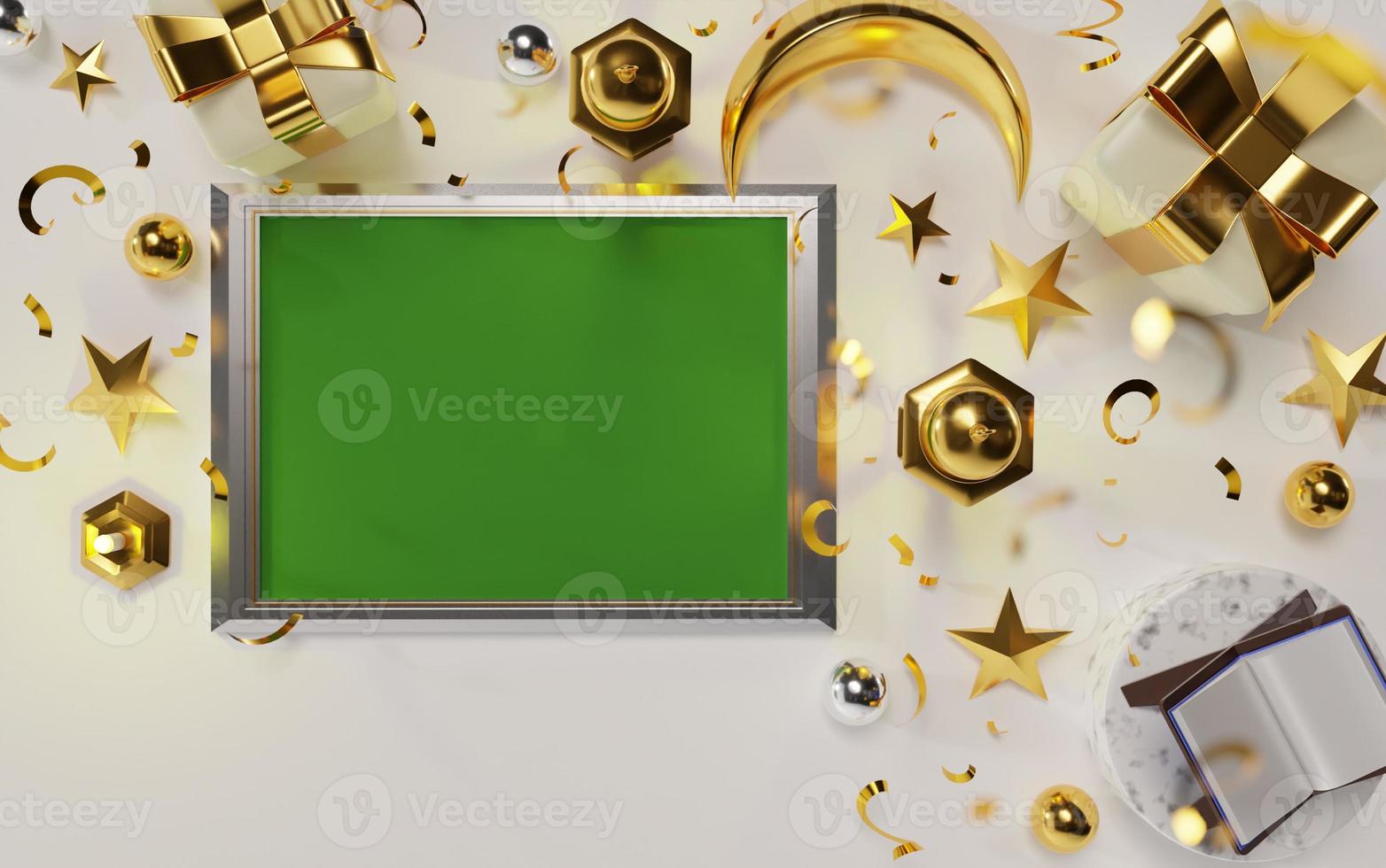 photo frame for Eid and Ramadan greeting cards with Arabic lantern ornaments, moon, confetti, star and gift boxes, mock up