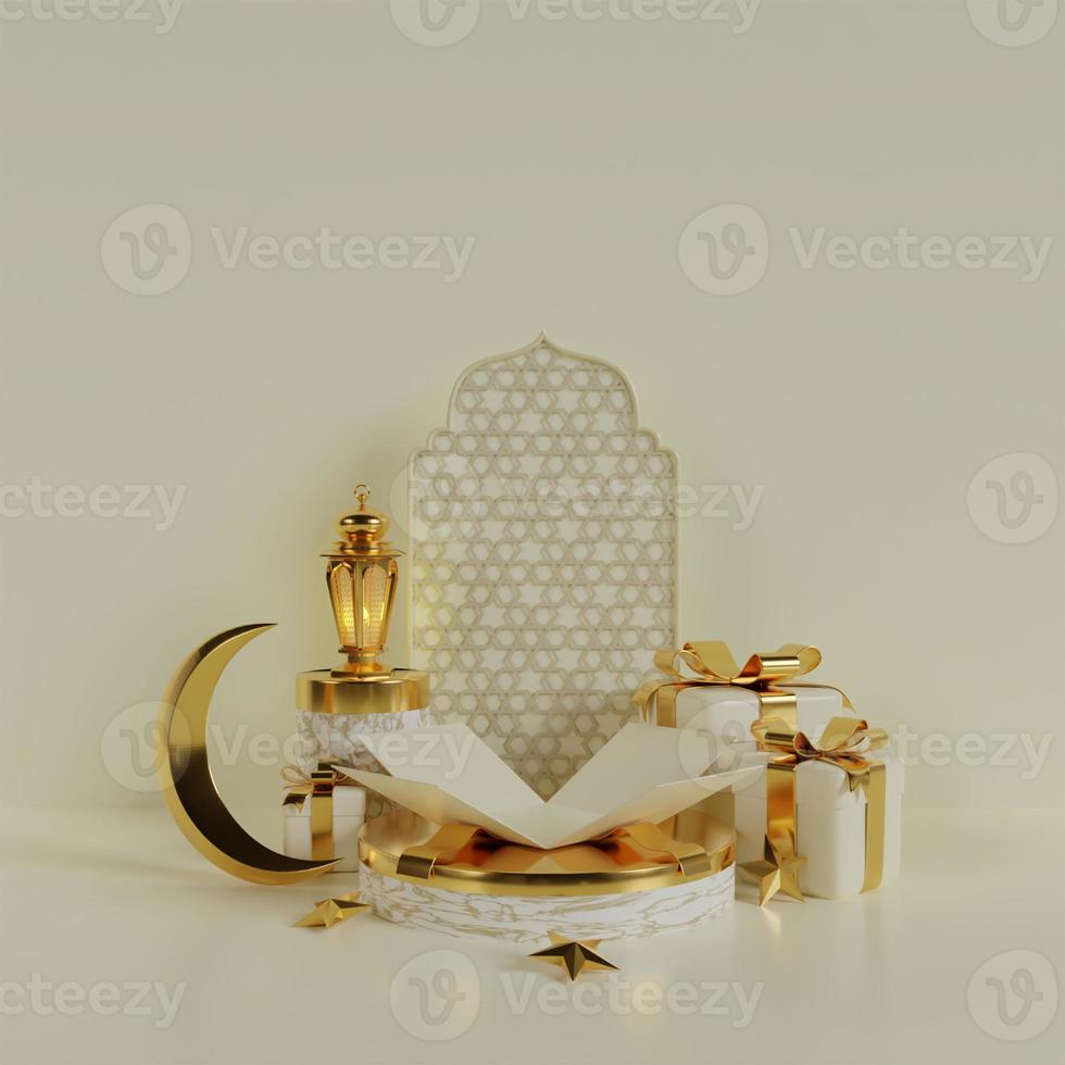 Ramadan Kareem greeting template with arabic lanterns and moon. Podium standing on the background for advertising products - 3d rendering illustration for cards, greetings. photo