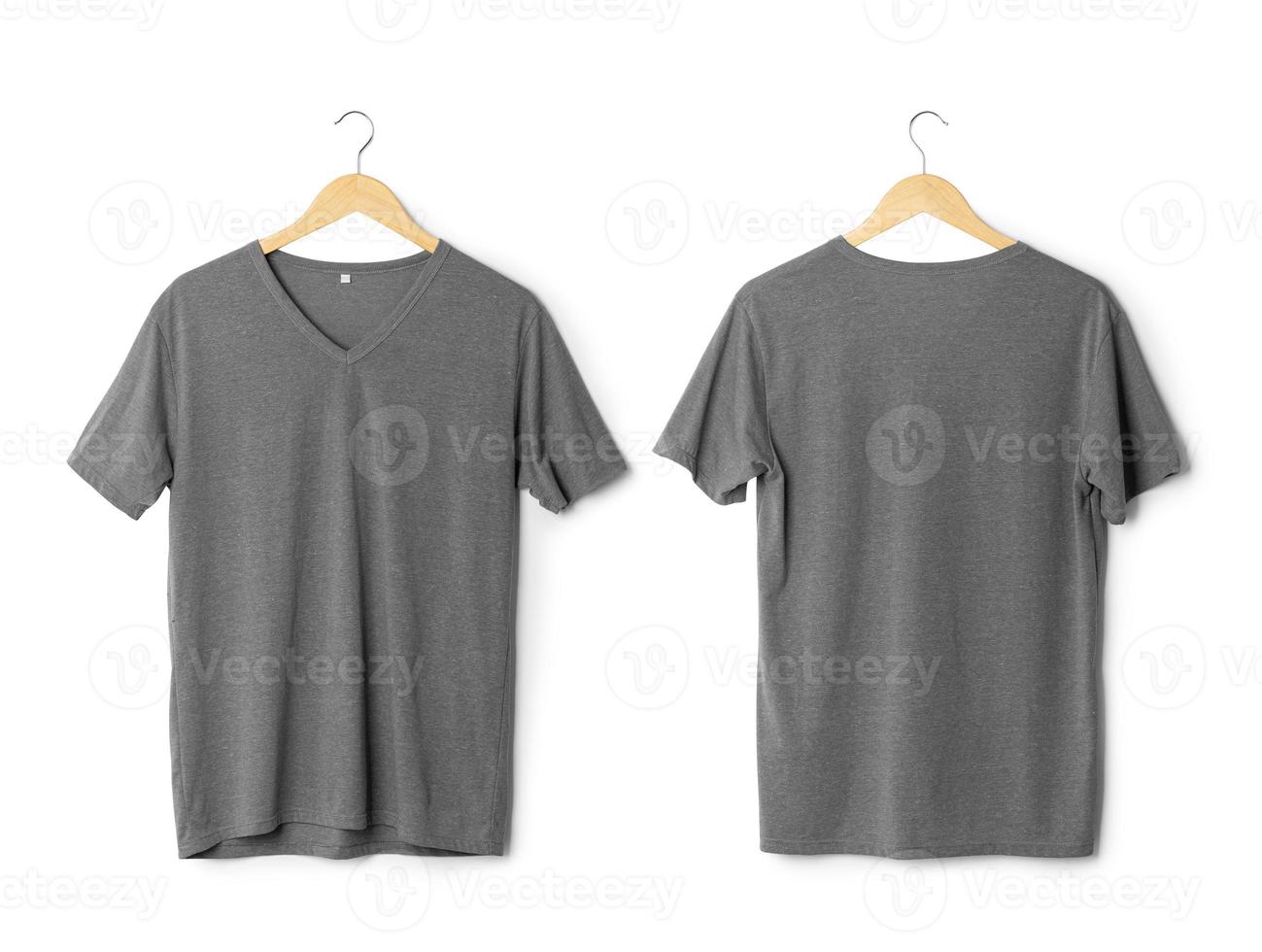 Realistic gray T shirt front and back mockup hanging isolated on white ...