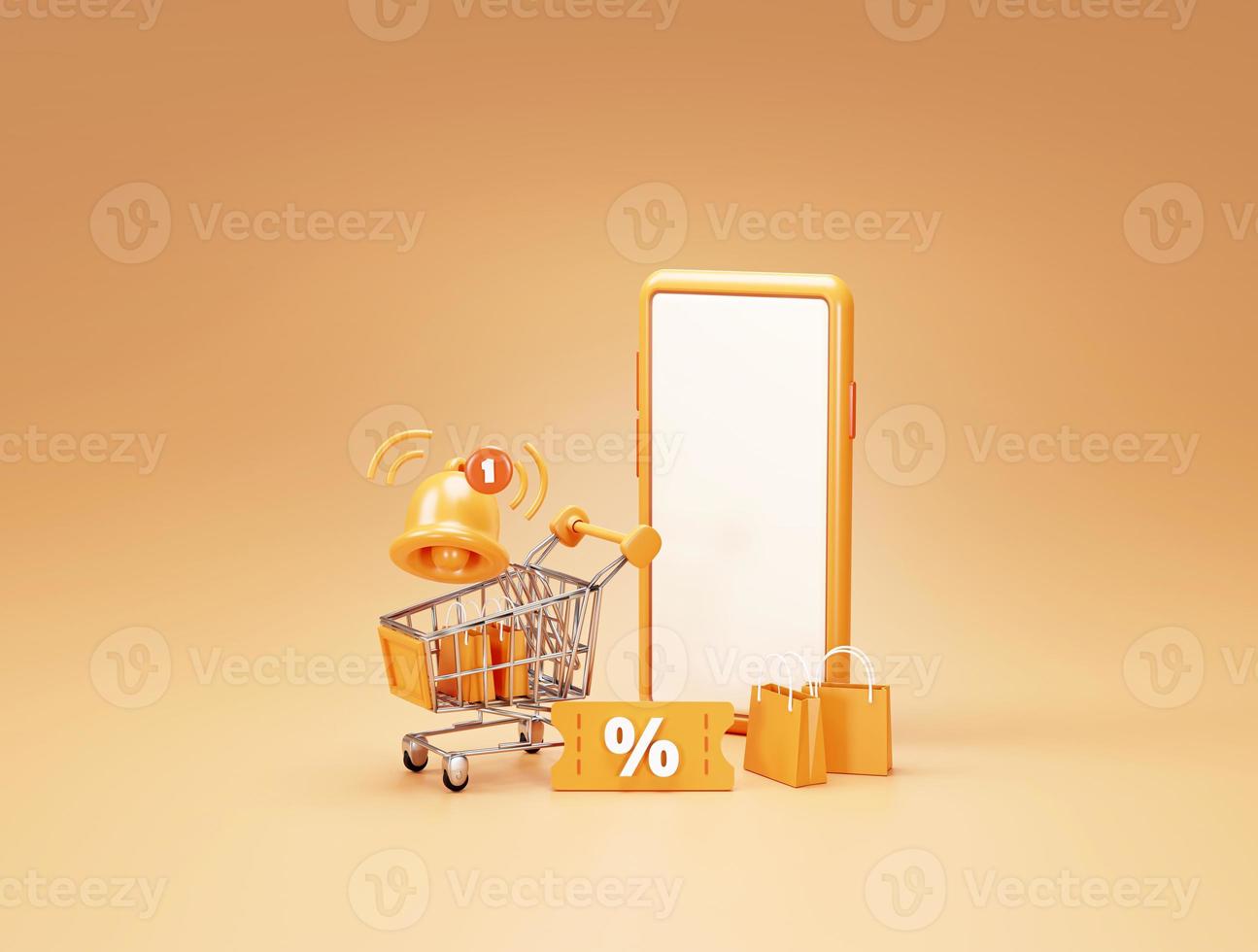 Shopping cart with discount voucher sale notification on white background 3d rendering photo