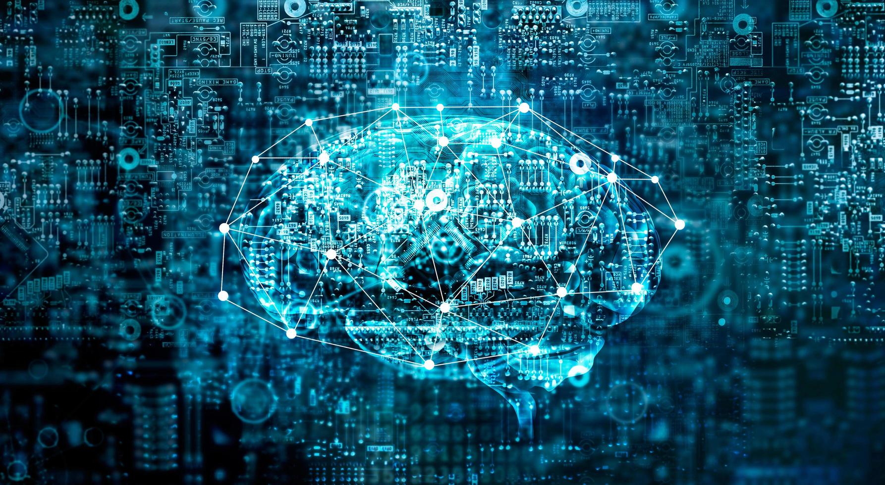 Artificial Intelligence digitl Brain future technology on motherboard compauter. Binary data. Brain of AI. Futuristic Innovative technology in science concept photo