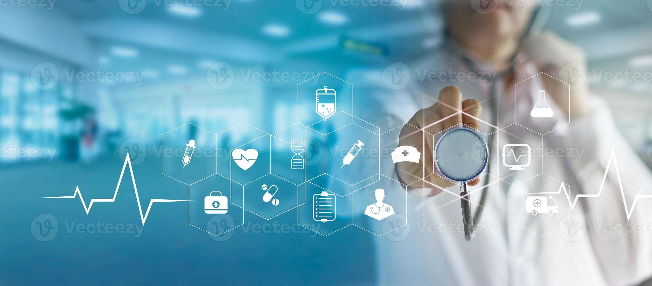 Medicine doctor and stethoscope in hand touching icon medical network connection   with modern virtual screen interface, medical technology network concept photo