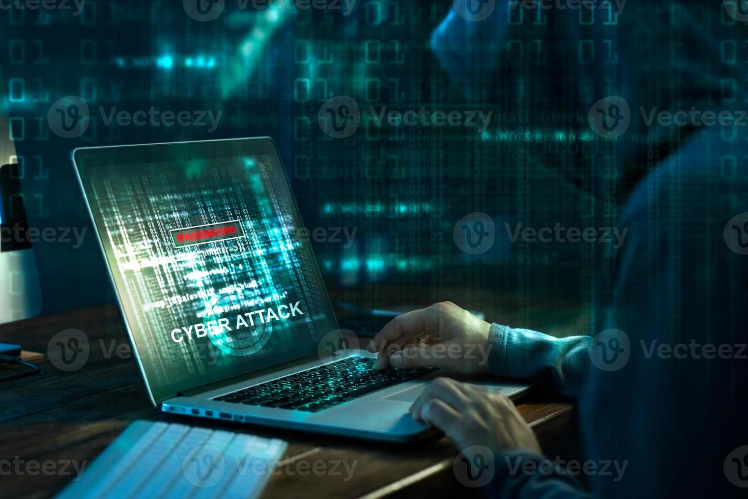 Computer hacker. Internet crime working on a code on laptop screen with dark digital background. Cyber attack in cyberspace concept photo