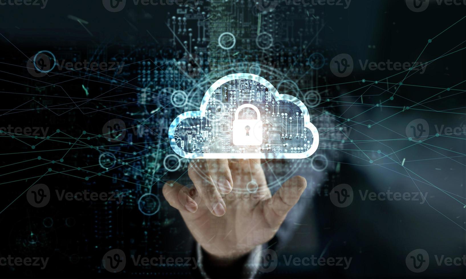businessman touching Cloud with Padlock icon on network connection, digital background. Cloud computing and network security concept photo
