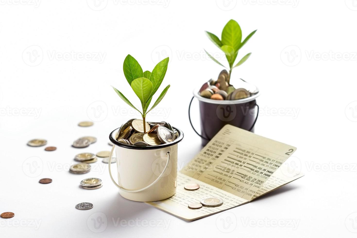 Young plant growing in glasses jars of coins account passbook, saving money, investment and financial concept photo