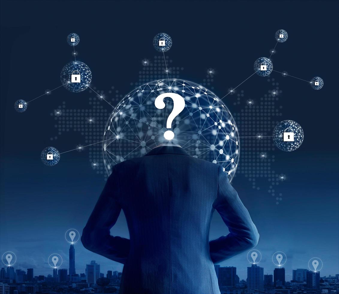 Businessman hacker stealing data from network connection in global communication, security and computer crime concept photo