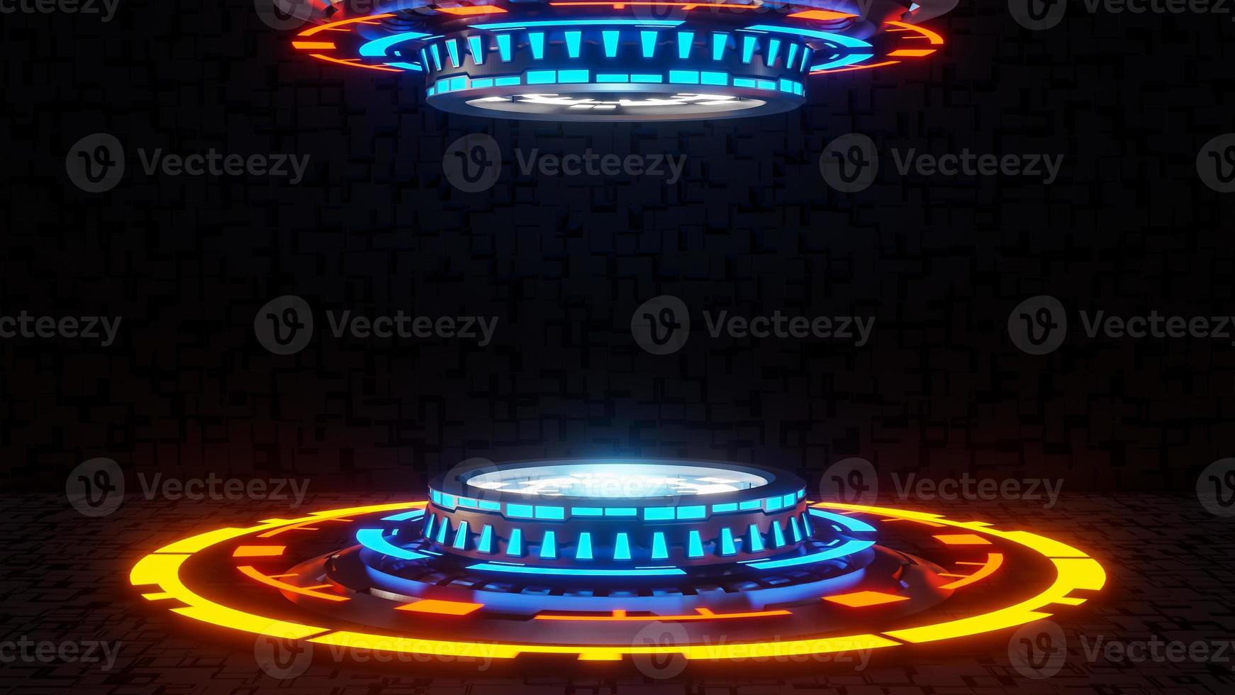 Futuristic pedestal for product presentation on black future background. Sci-fi idea concept. 3d model and illustration. photo