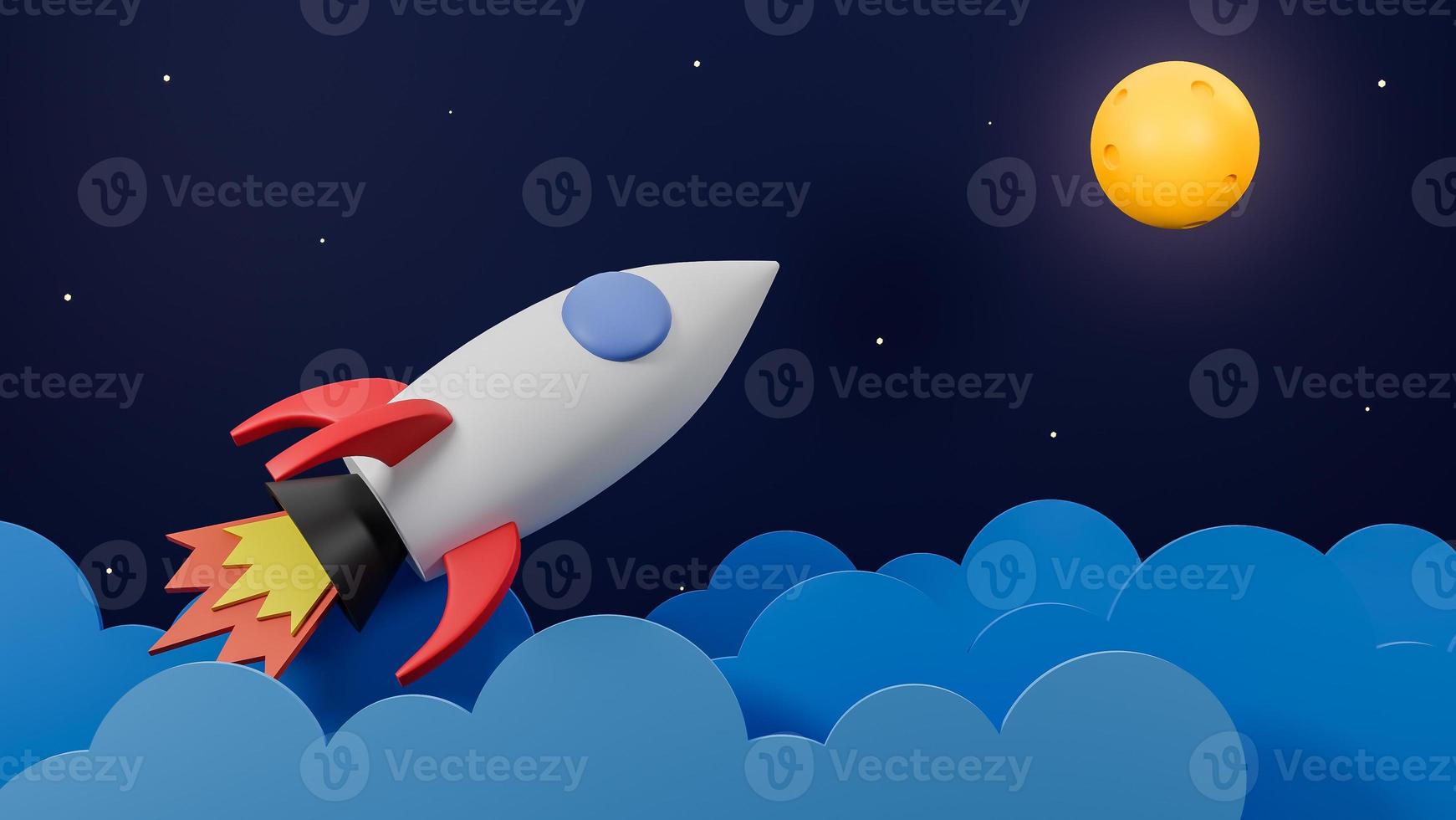 Rocket flying over cloud go to the moon on  galaxy background.Business startup concept.3d model and illustration. photo