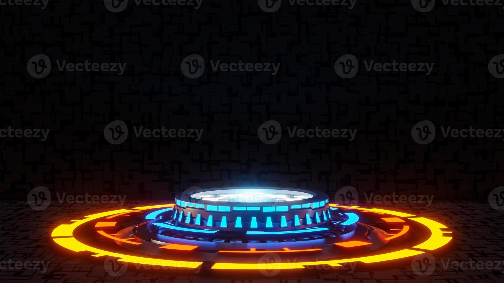 Futuristic pedestal for product presentation on black future background. Sci-fi idea concept. 3d model and illustration. photo