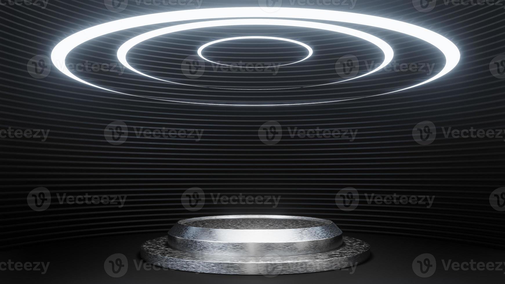Futuristic pedestal for product presentation on black strip wall background sci-fi style. ,3d model and illustration. photo
