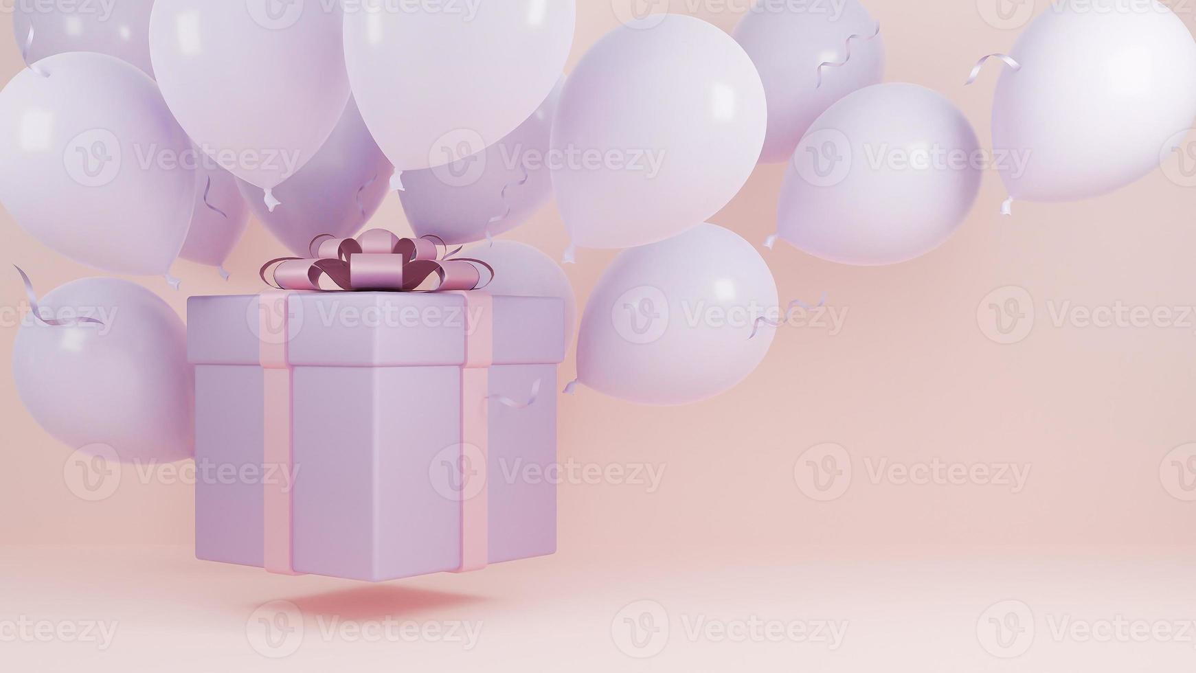 caja de regalo volar en el aire con globo y cinta rosa fondo pastel., concepto de fondo de navidad y feliz año nuevo., modelo 3d e ilustración. foto