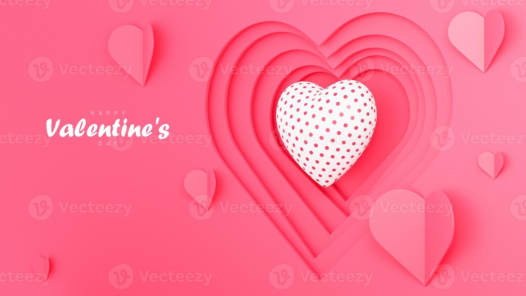 Fondo de pantalla de feliz día de San Valentín en papel con muchos corazones objetos 3d sobre fondo rosa, modelo 3d e ilustración. foto