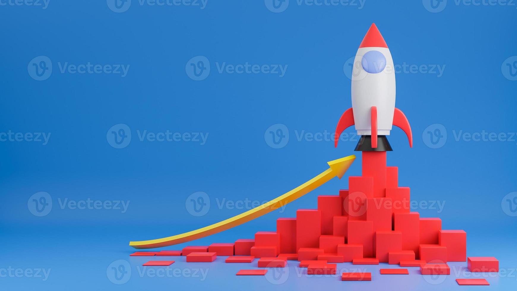 Rocket ship flies up with finance graph chart on blue background.Business startup concept.3d model and illustration. photo
