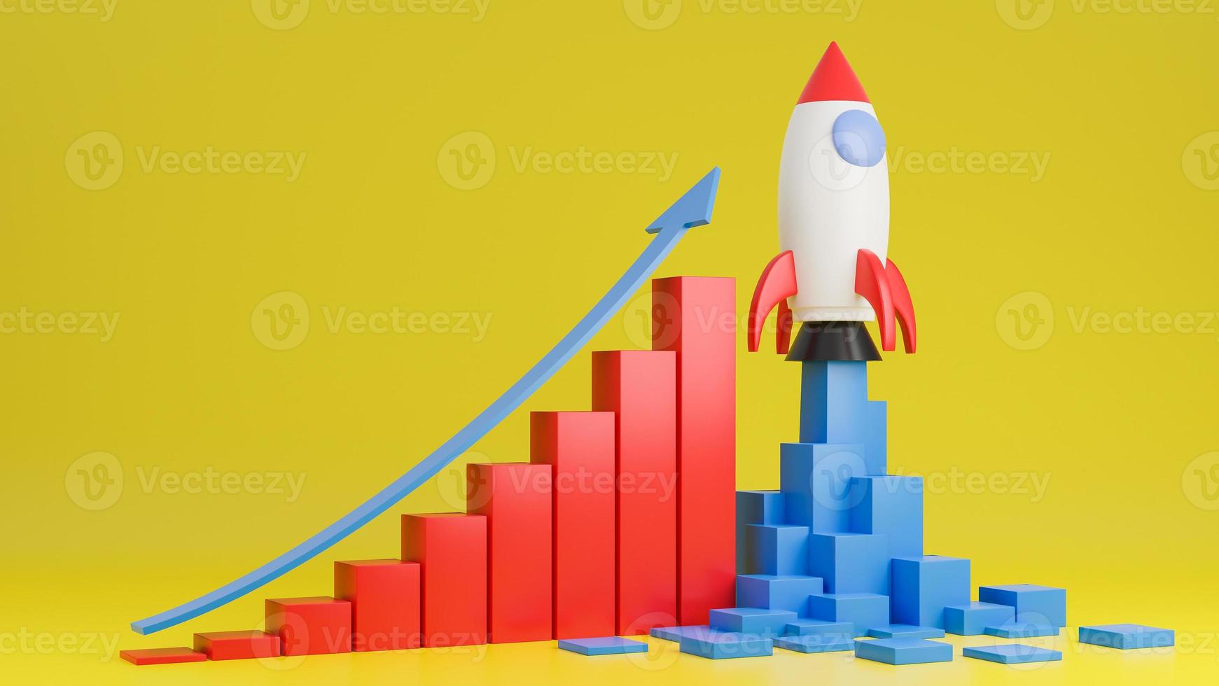Rocket ship flies up with finance graph chart on yellow background.Business startup concept.3d model and illustration. photo