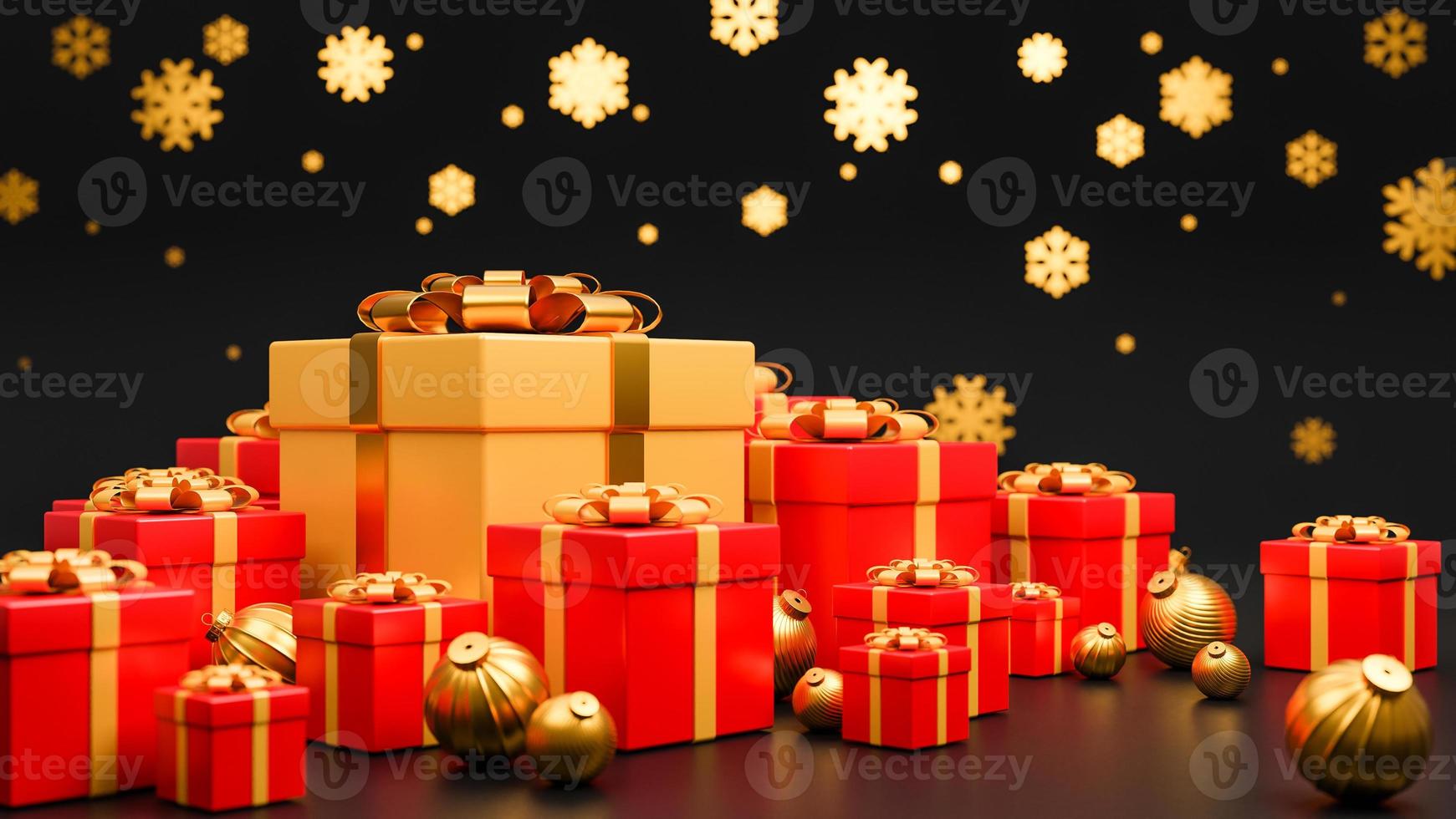 Merry Christmas and Happy New Year banner luxury style.,realistic red and gold gifts box with golden Christmas balls.,3d model and illustration. photo