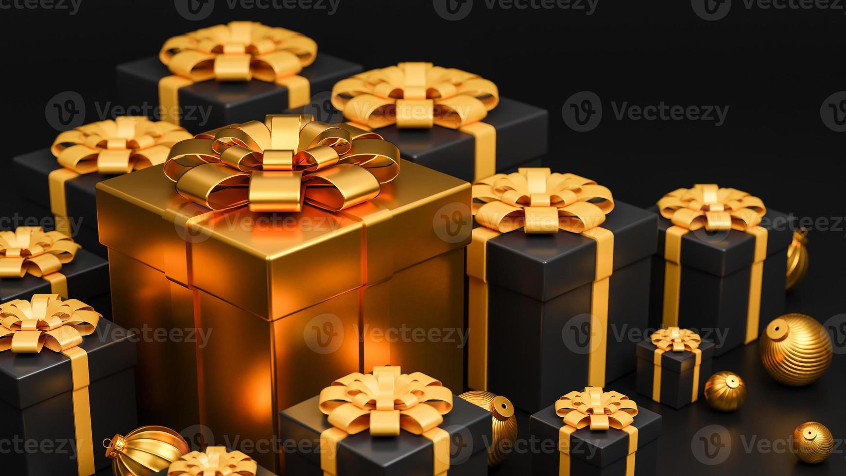 Merry Christmas and Happy New Year banner luxury style., realistic gold and black gifts box with golden Christmas balls.,3d model and illustration. photo