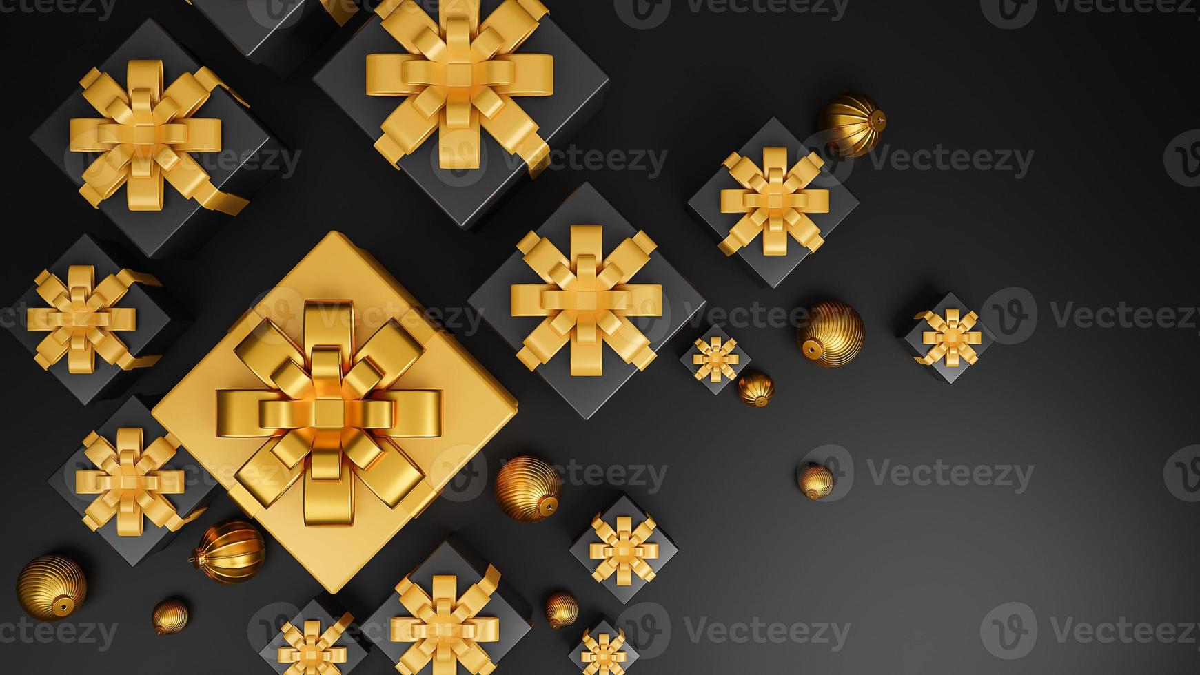 Merry Christmas and Happy New Year banner luxury style., Top View realistic gold and black gifts box with golden Christmas balls.,3d model and illustration. photo