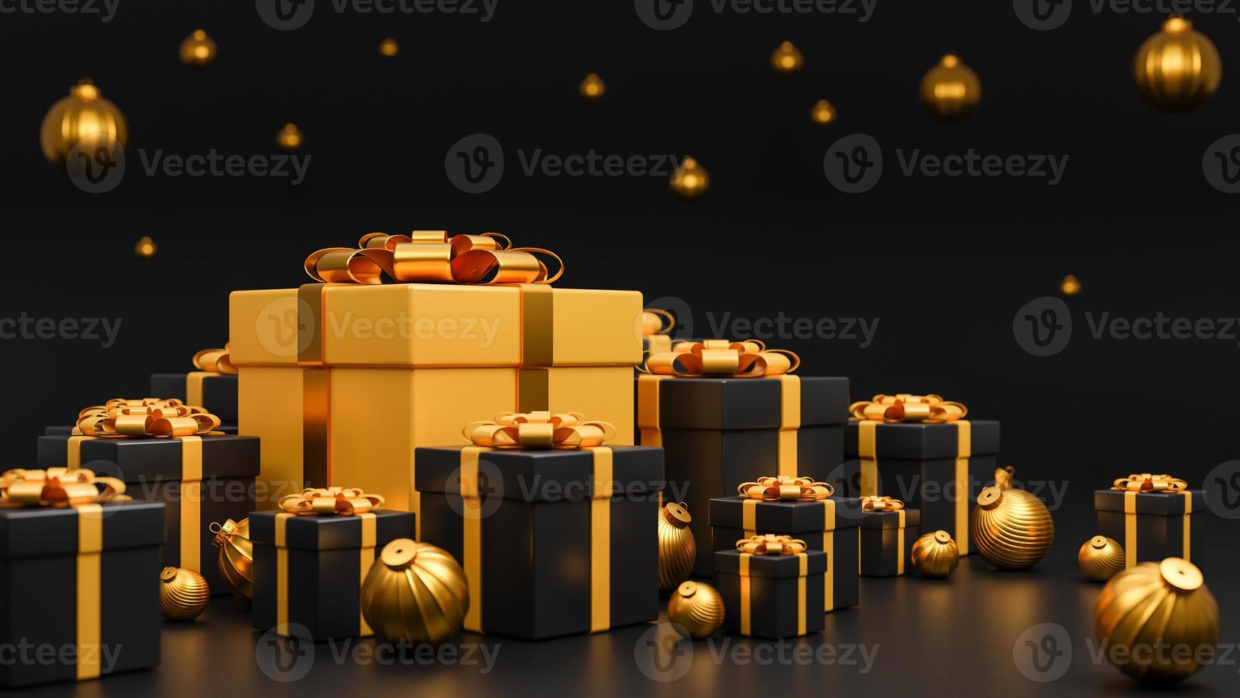 Merry Christmas and Happy New Year banner luxury style., realistic gold and black gifts box with golden Christmas balls.,3d model and illustration. photo