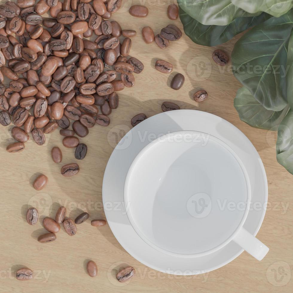 Flat lay white Empty coffee cup and coffee beans on wood table. photo