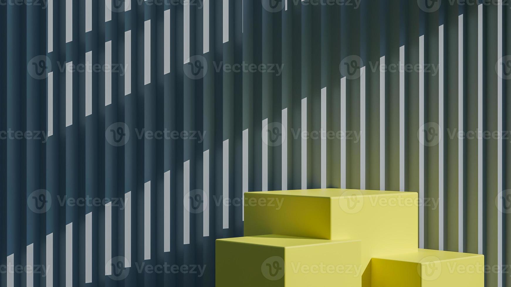 Yellow square podium for product presentation on gray serrated wall background minimal style.,3d model and illustration. photo