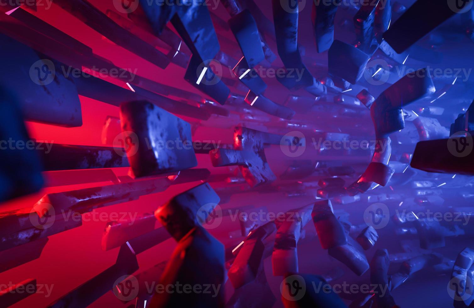Abstract geometric background sci-fi construction of tube or space station blue red glowing light.,3d model and illustration. photo