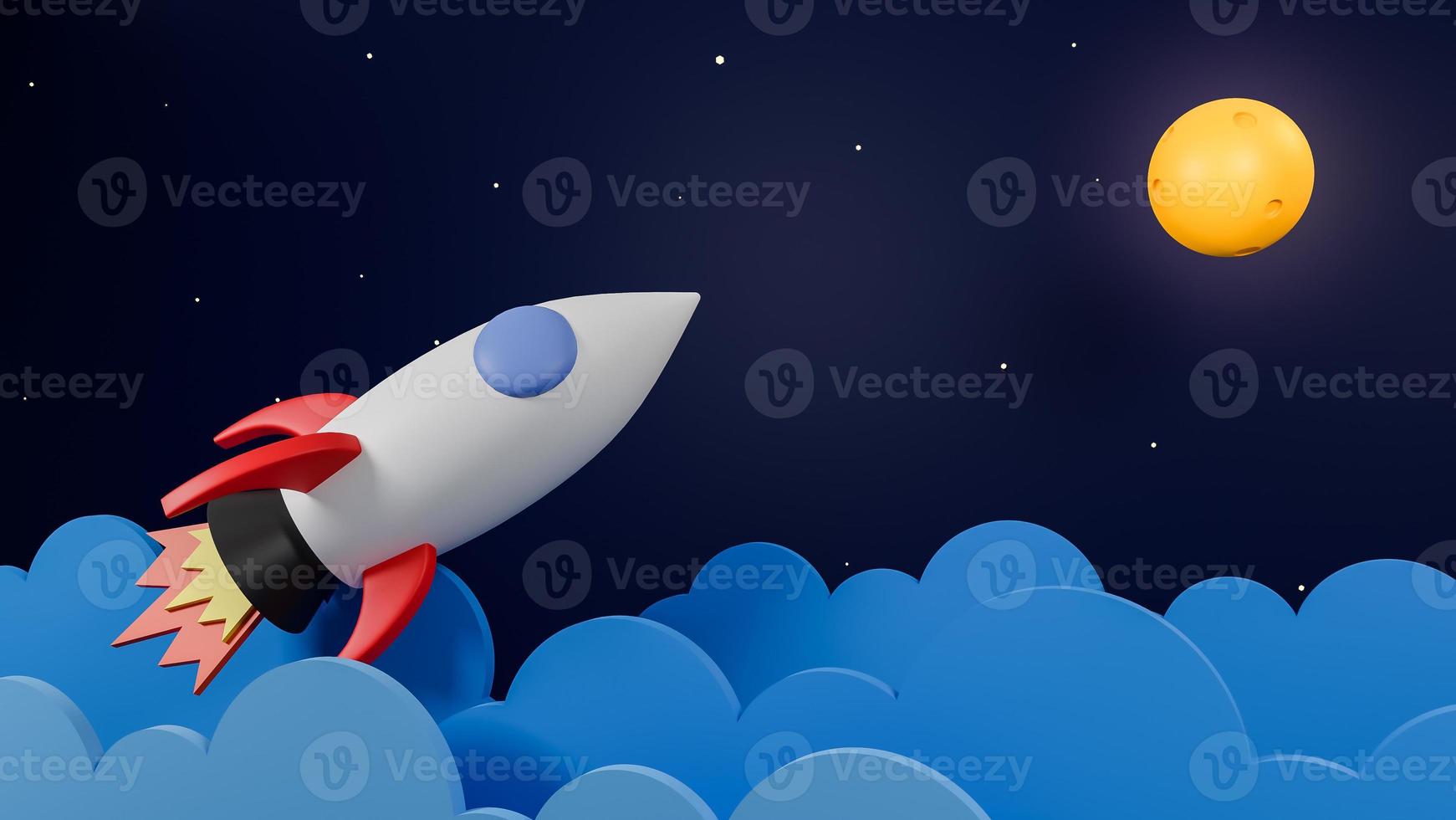 Rocket flying over cloud go to the moon on  galaxy background.Business startup concept.3d model and illustration. photo