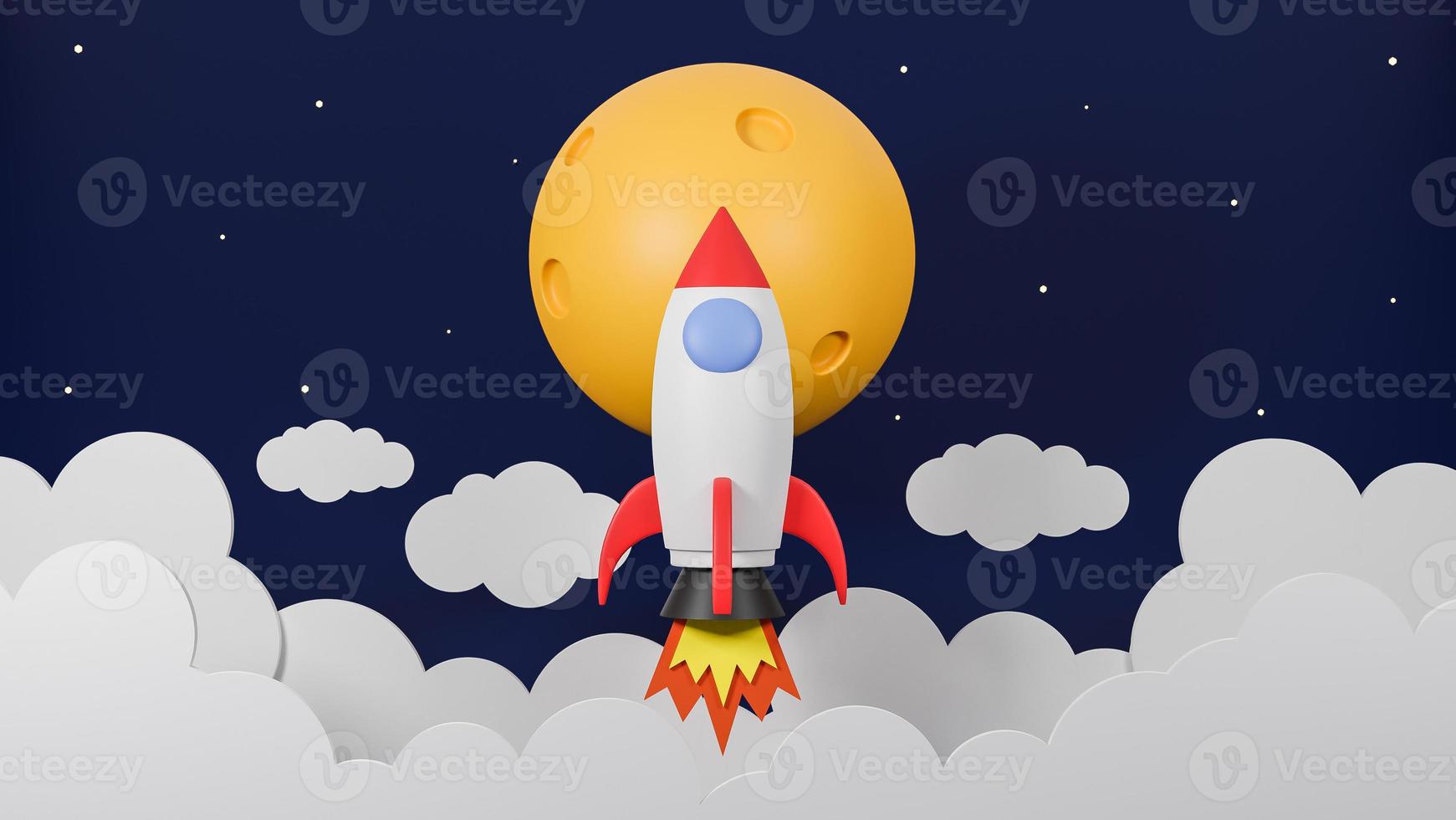 Rocket flying over cloud go to the moon on  galaxy background.Business startup concept.3d model and illustration. photo