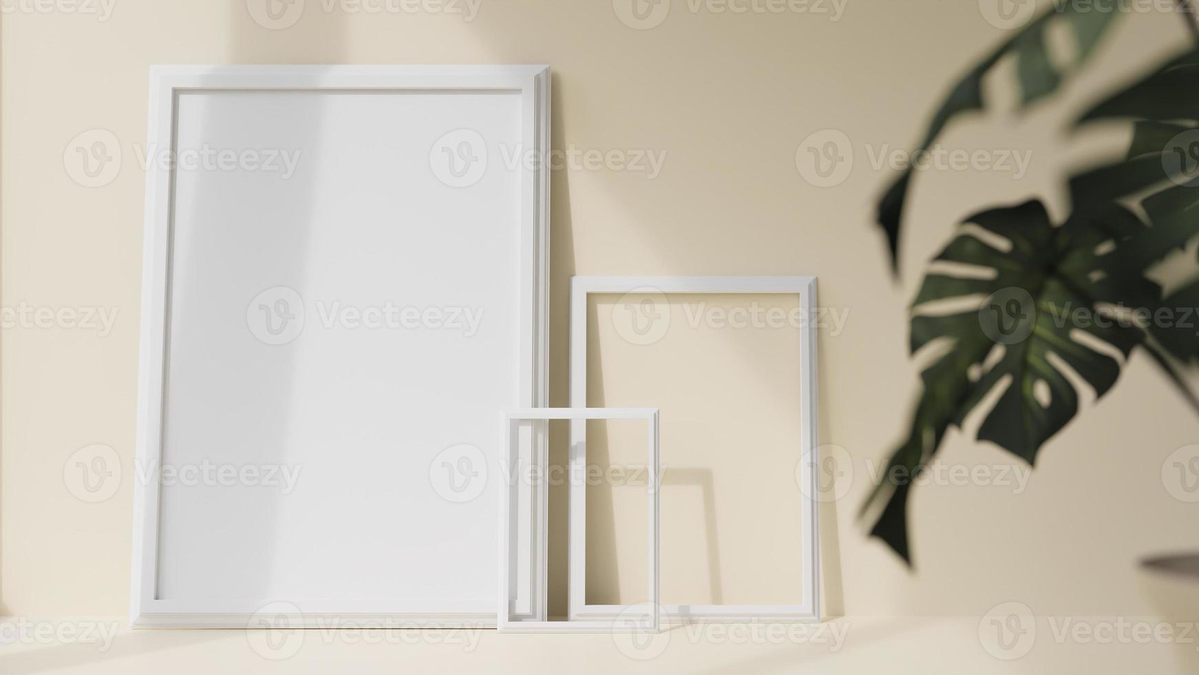 Mock up white photo frame and green leaf on wall and floor warm color. ,3d model and illustration.