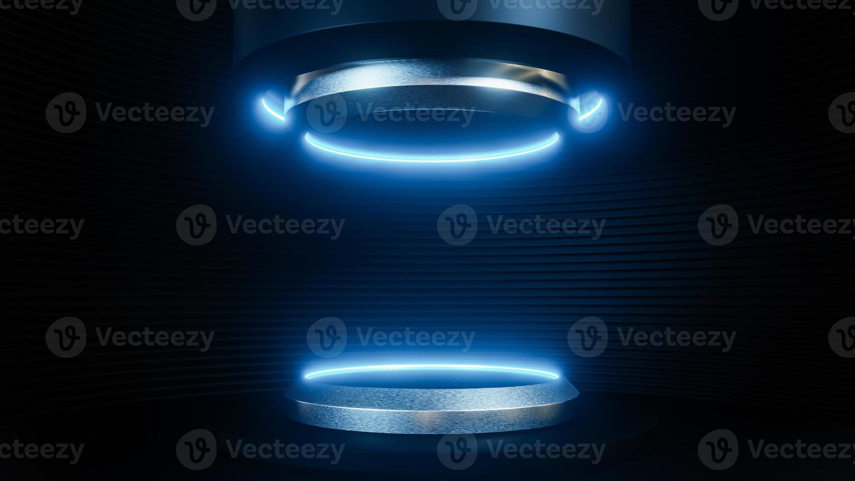 Futuristic pedestal for product presentation on black strip wall background sci-fi style. ,3d model and illustration. photo