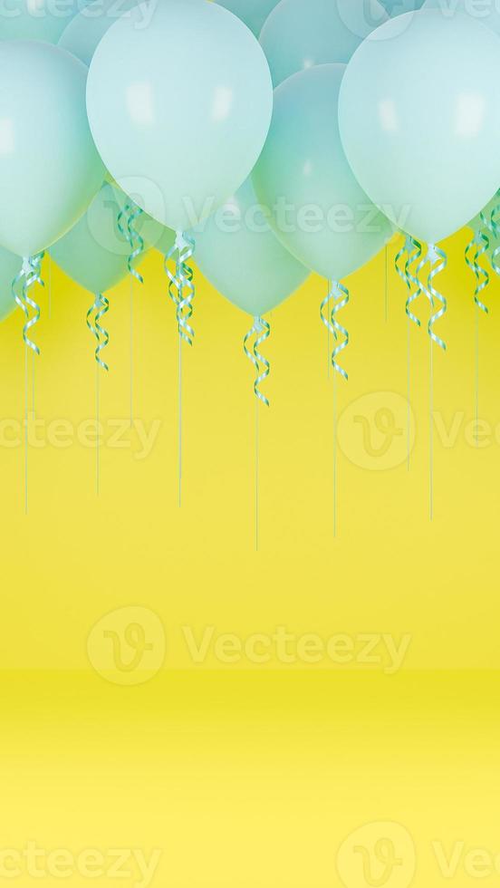 Blue balloons floating in yellow pastel background.birthday party and new year concept. 3d model and illustration. photo