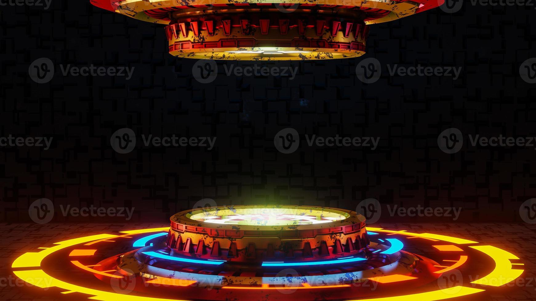 Futuristic pedestal for product presentation on black future background. Sci-fi idea concept. 3d model and illustration. photo