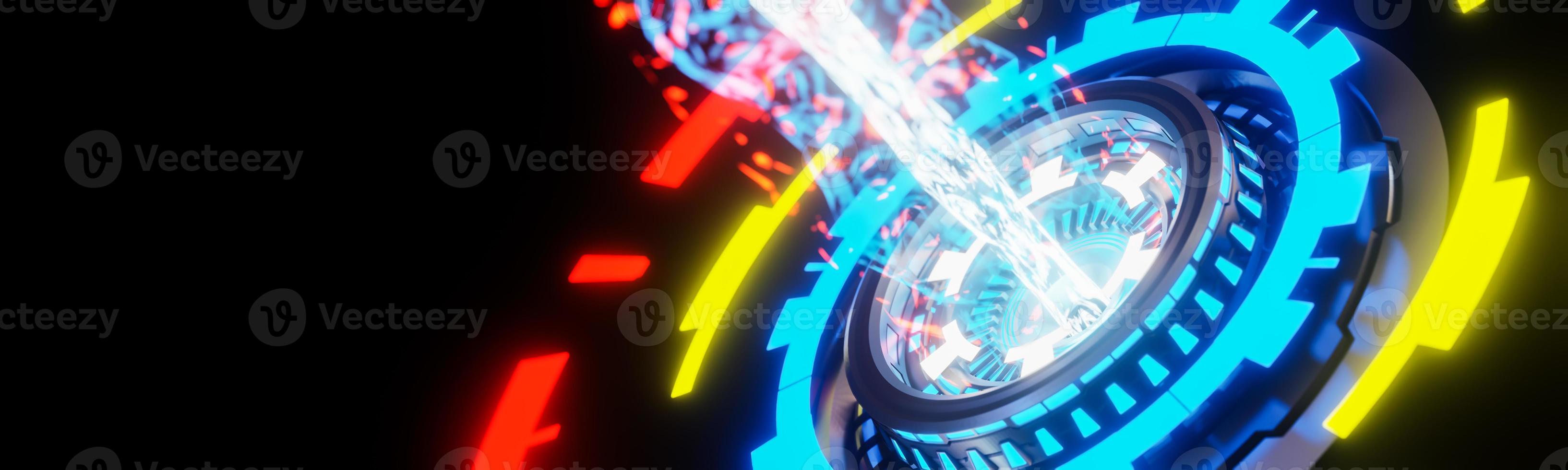 Power button Emits Particle Beam on black background. Sci-fi idea concept. 3d model and illustration. photo