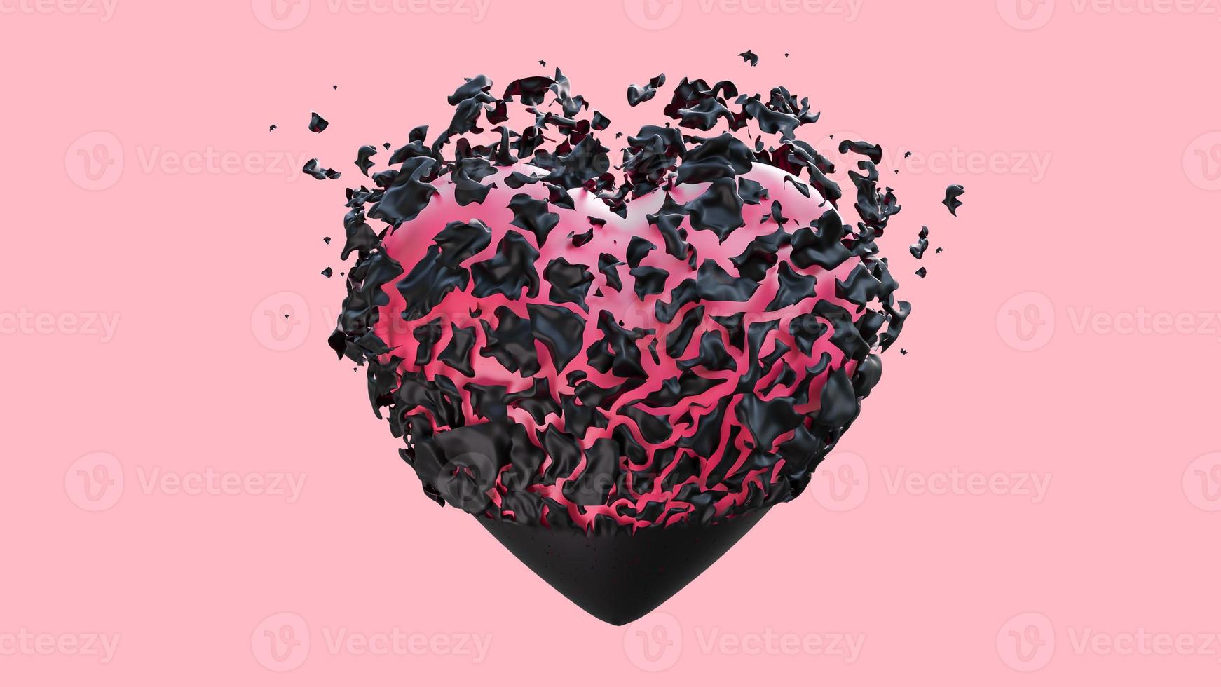 Black heart disintegration peel inside pink heart on pastel color background. ,3d model and illustration. photo