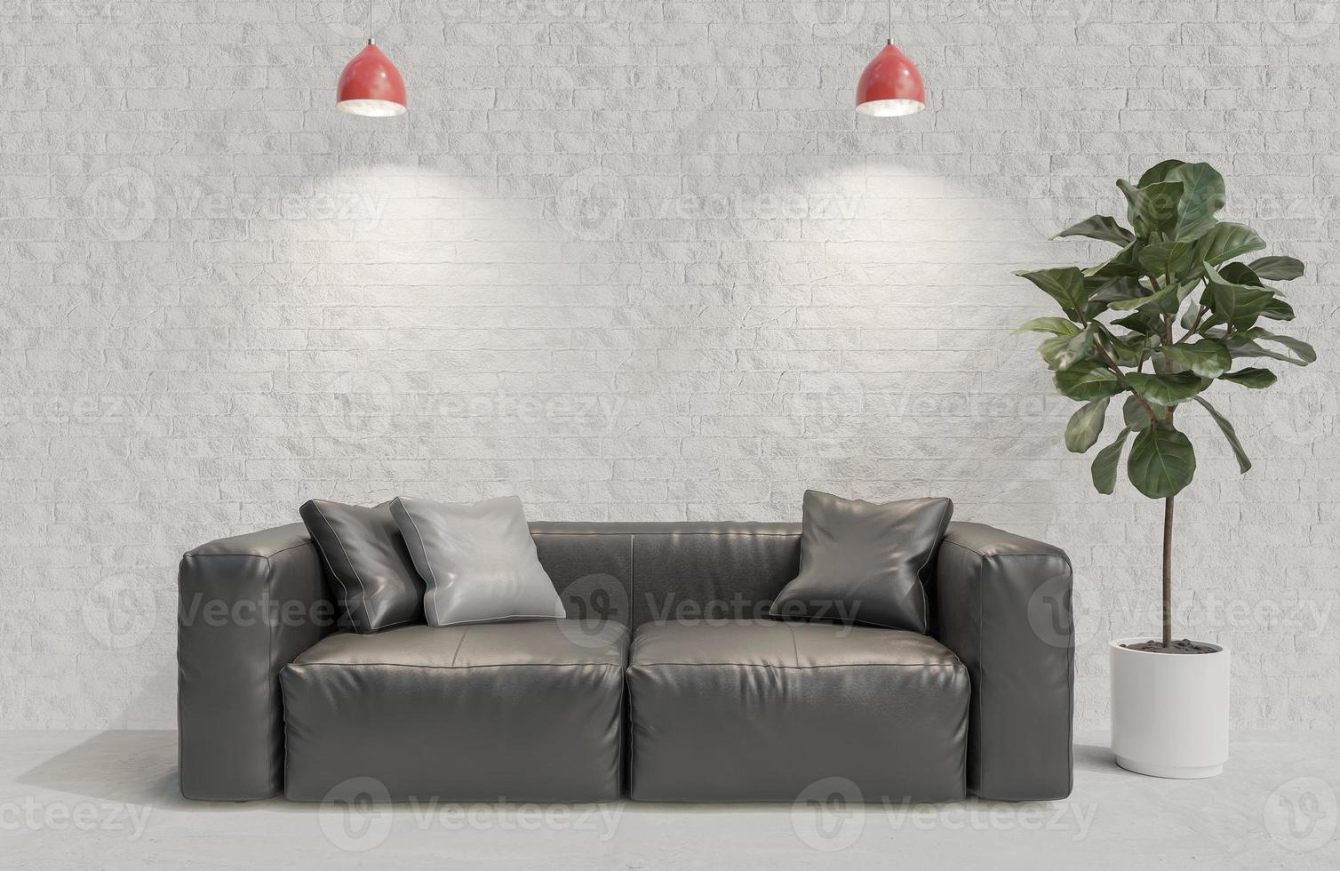 Living room have black leather sofa on white brick wall background minimalist style with red ceiling light and morning sunlight. 3d model and illustration. photo