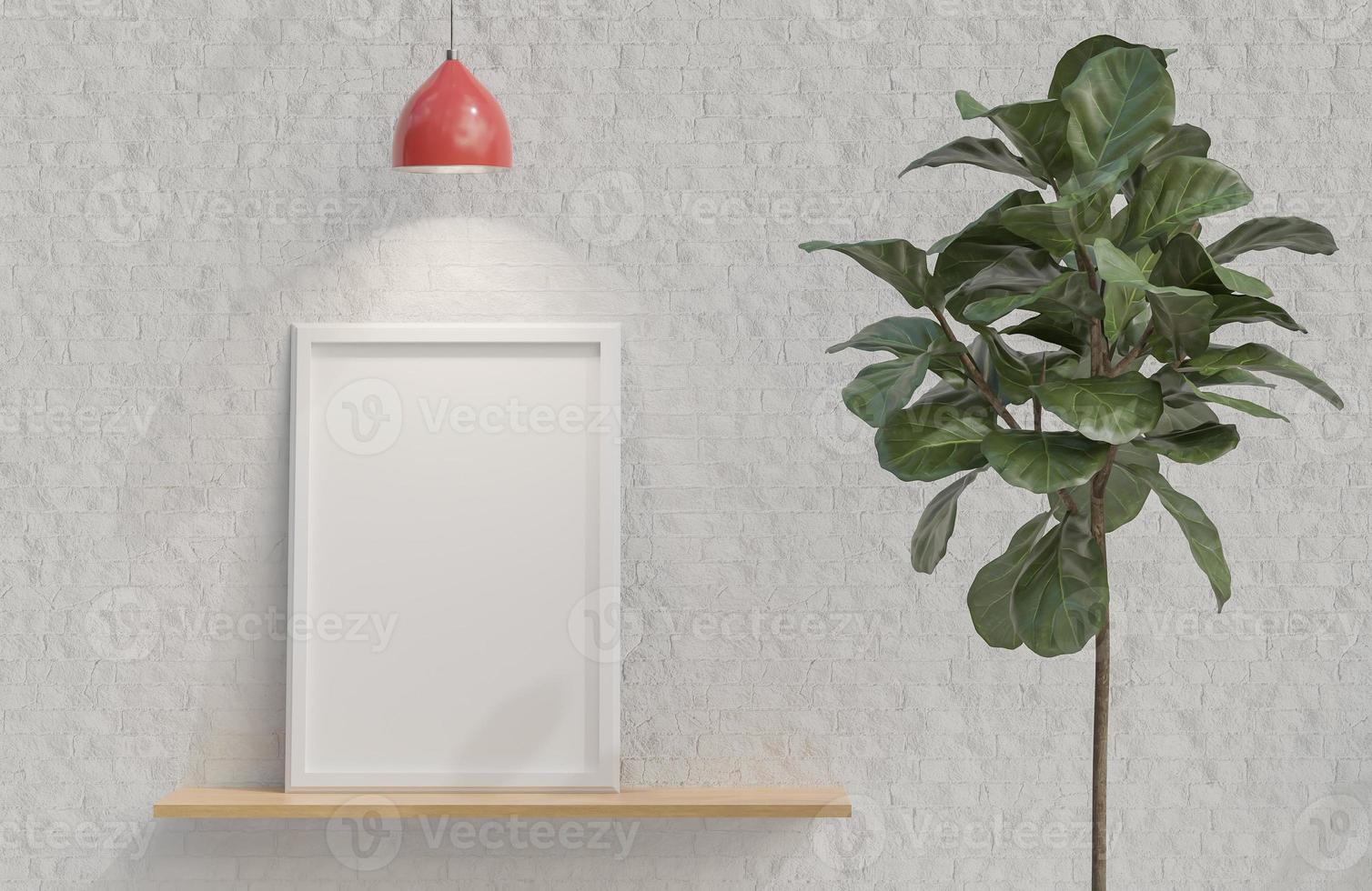 marco de imagen blanco sobre estante de madera sobre fondo de pared de ladrillo blanco estilo minimalista con planta y luz de techo roja. modelo 3d e ilustración. foto