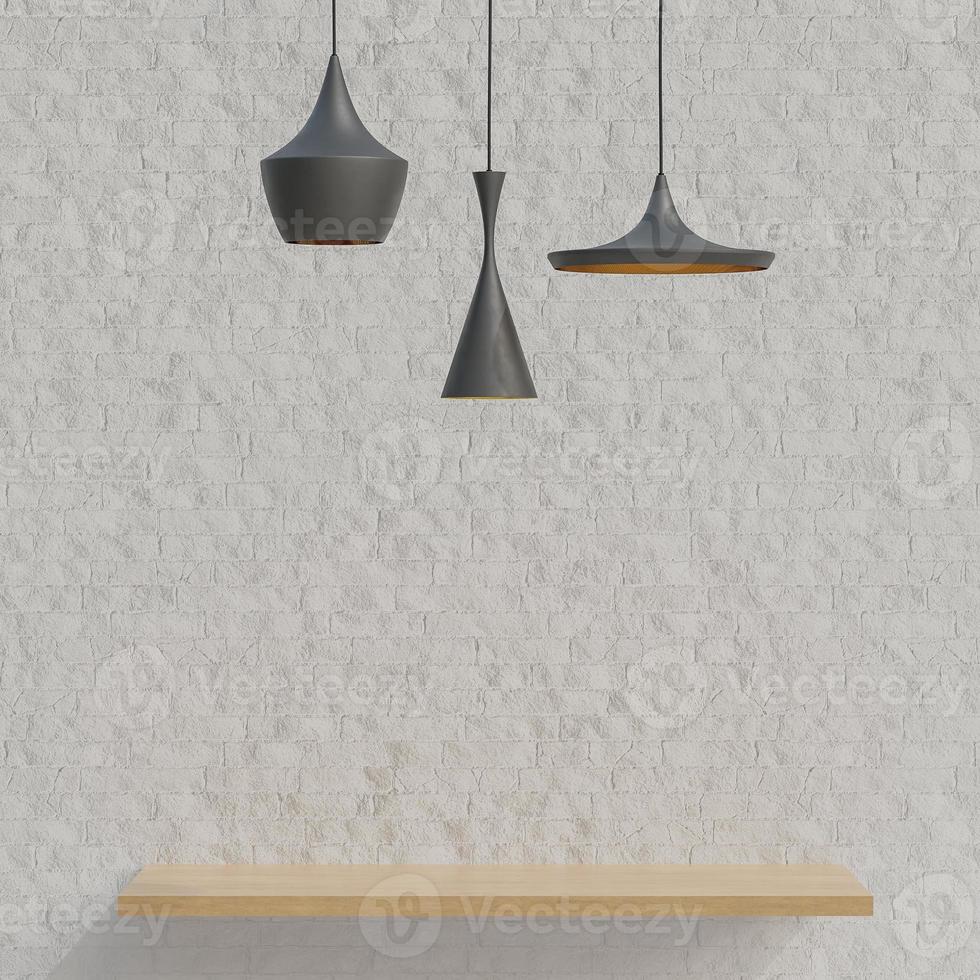 Wooden shelf for product presentation on white brick wall background minimalist style with black ceiling light. 3d model and illustration. photo