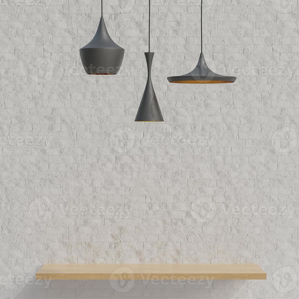 estante de madera para la presentación del producto sobre fondo de pared de ladrillo blanco estilo minimalista con luz de techo negra. modelo 3d e ilustración. foto