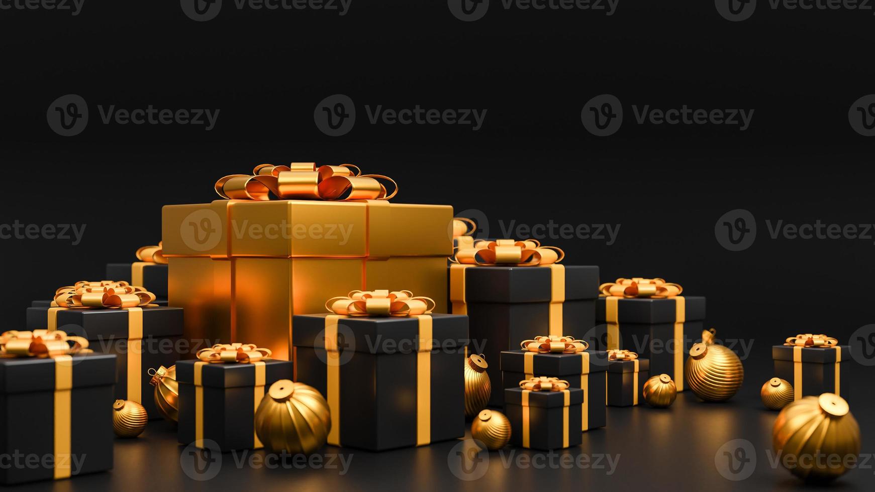 feliz navidad y feliz año nuevo banner estilo de lujo., caja de regalos realista de oro y negro con bolas de navidad doradas., modelo 3d e ilustración. foto