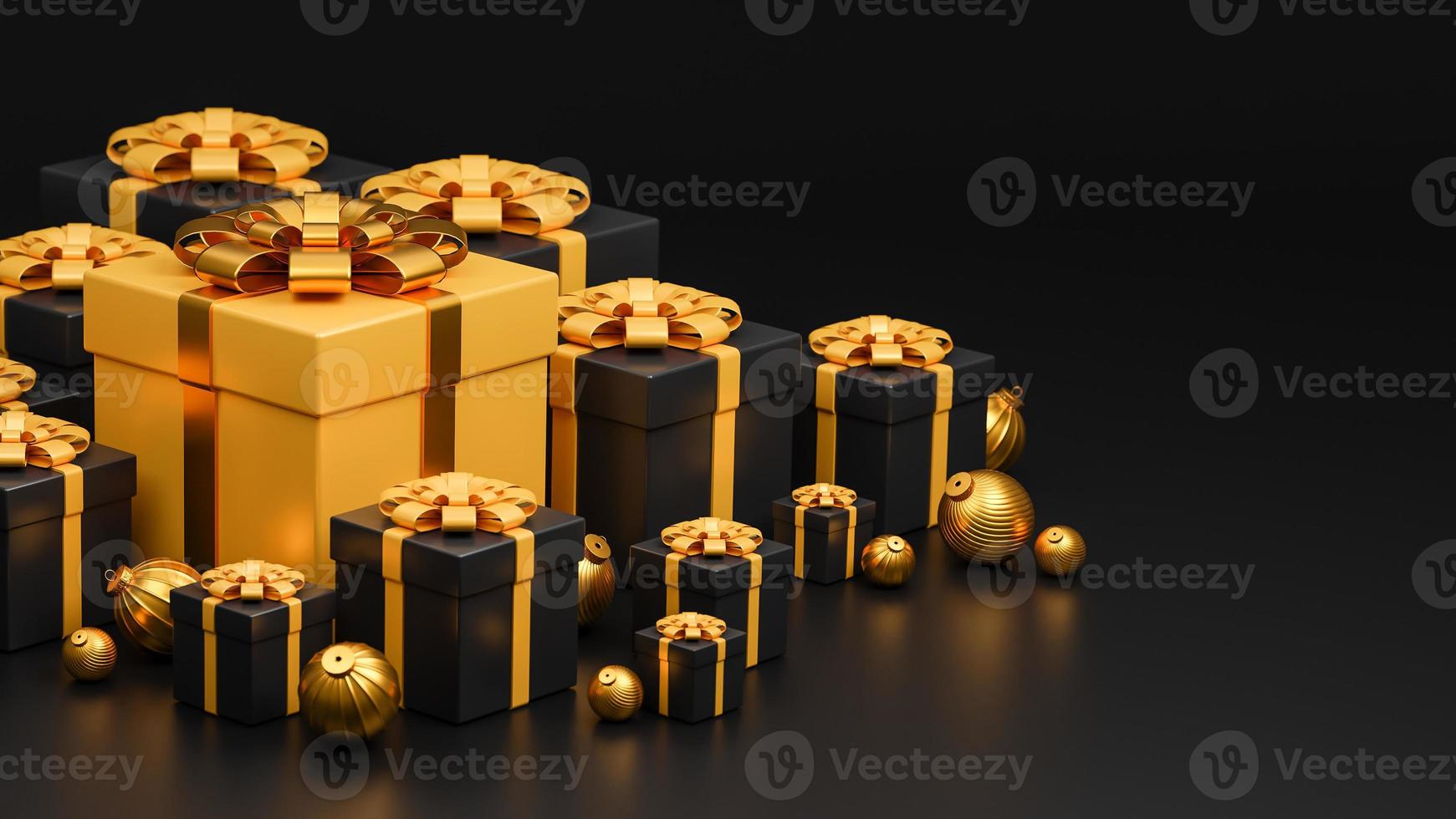 Merry Christmas and Happy New Year banner luxury style., realistic gold and black gifts box with golden Christmas balls.,3d model and illustration. photo