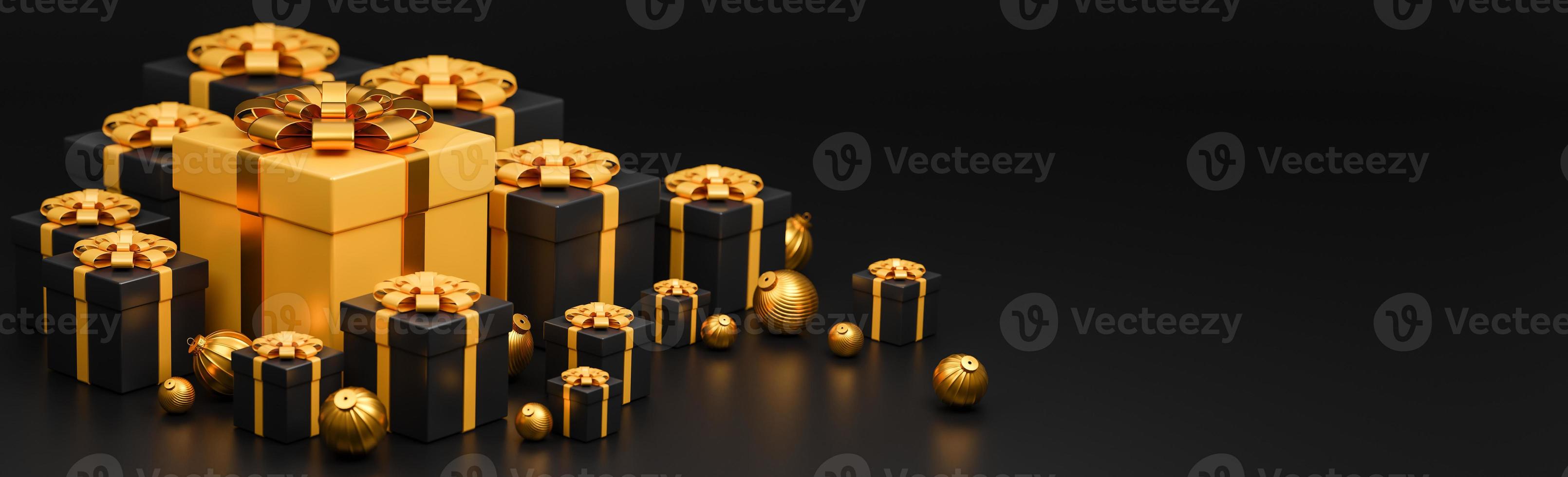 Merry Christmas and Happy New Year banner luxury style., realistic gold and black gifts box with golden Christmas balls.,3d model and illustration. photo
