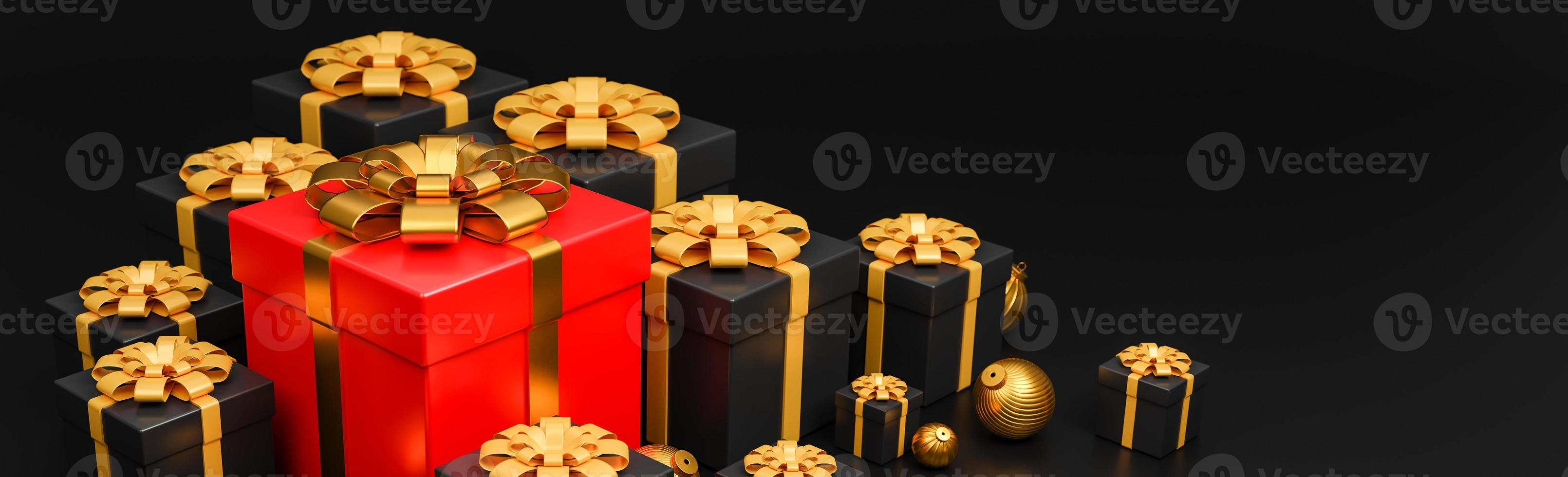 Merry Christmas and Happy New Year banner luxury style.,realistic red and black gifts box with golden Christmas balls.,3d model and illustration. photo