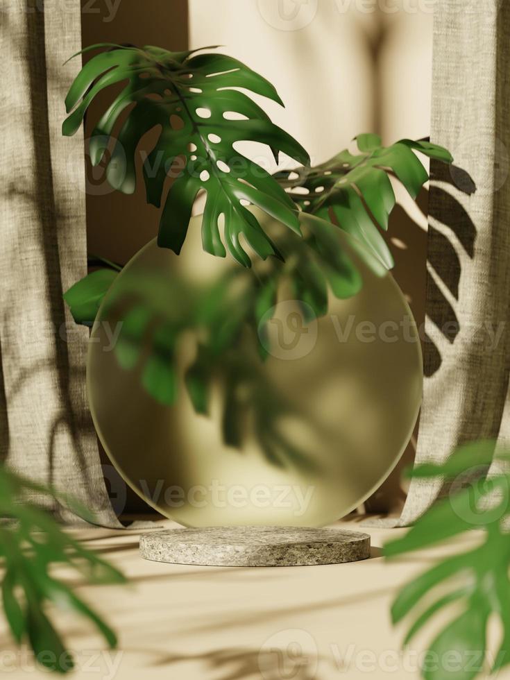 3d marble display podium with curtain, glass and monstera against beige wall. 3d rendering of realistic presentation for product advertising. 3d minimal illustration. selective focus. photo